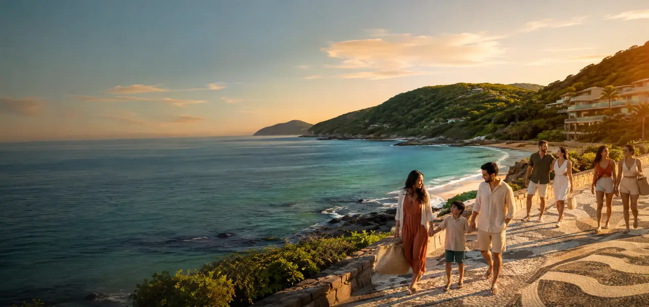 Família e amigos caminhando pelo calçadão à beira-mar de uma cidade litorânea brasileira ao pôr do sol