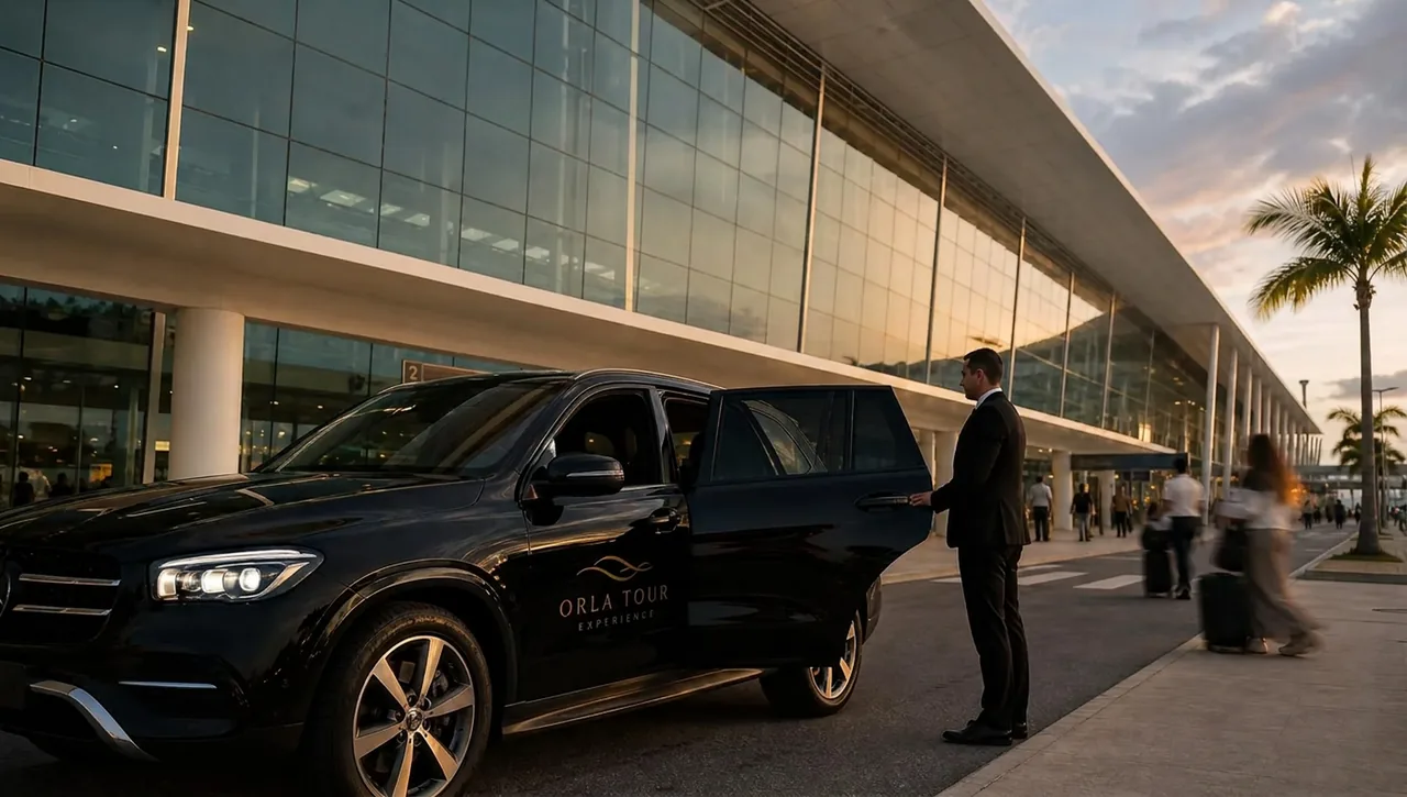SUV executivo preto adesivado ORLA TOUR EXPERIENCE aguardando passageiros na área de embarque do Aeroporto Internacional de Florianópolis Hercílio Luz