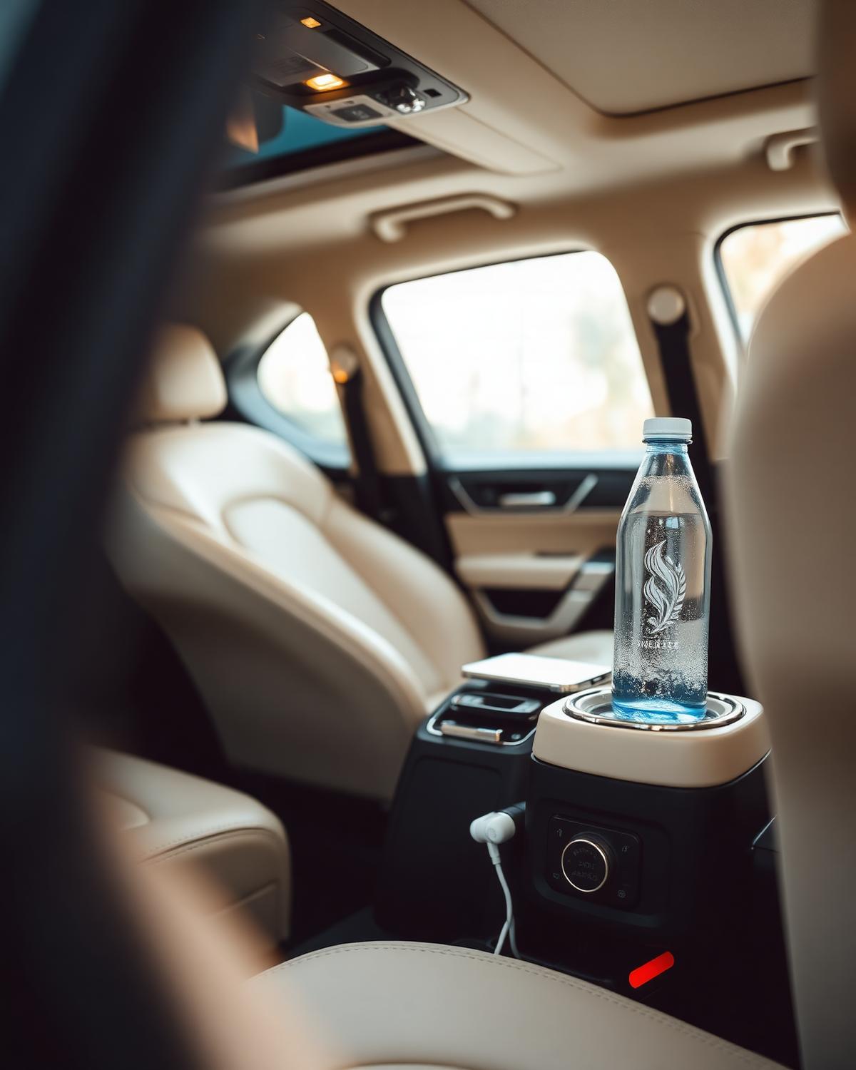 Interior premium de um SUV executivo ORLA com água mineral e carregador